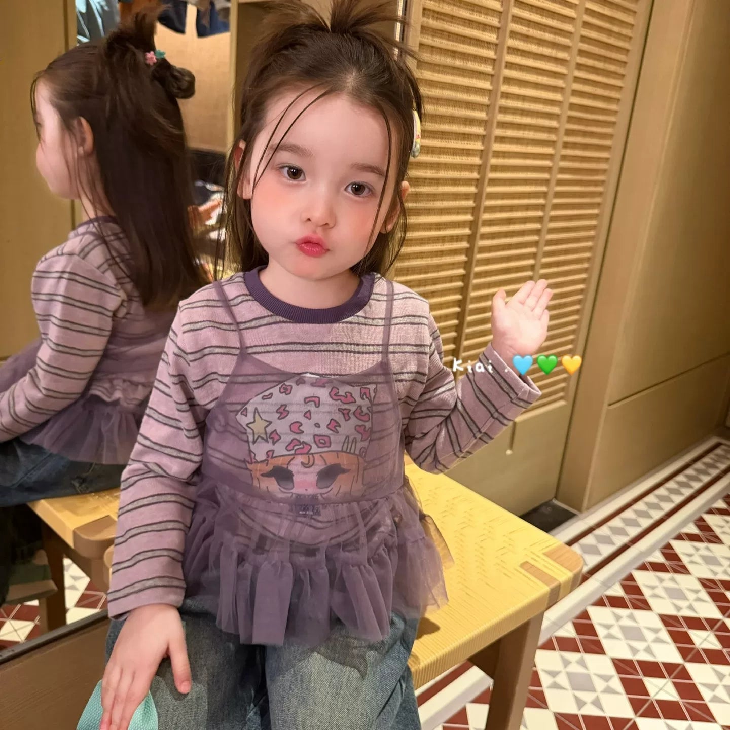kiai童装2026秋季新款女童小童韩版直筒牛仔裤条纹网纱两件套T恤