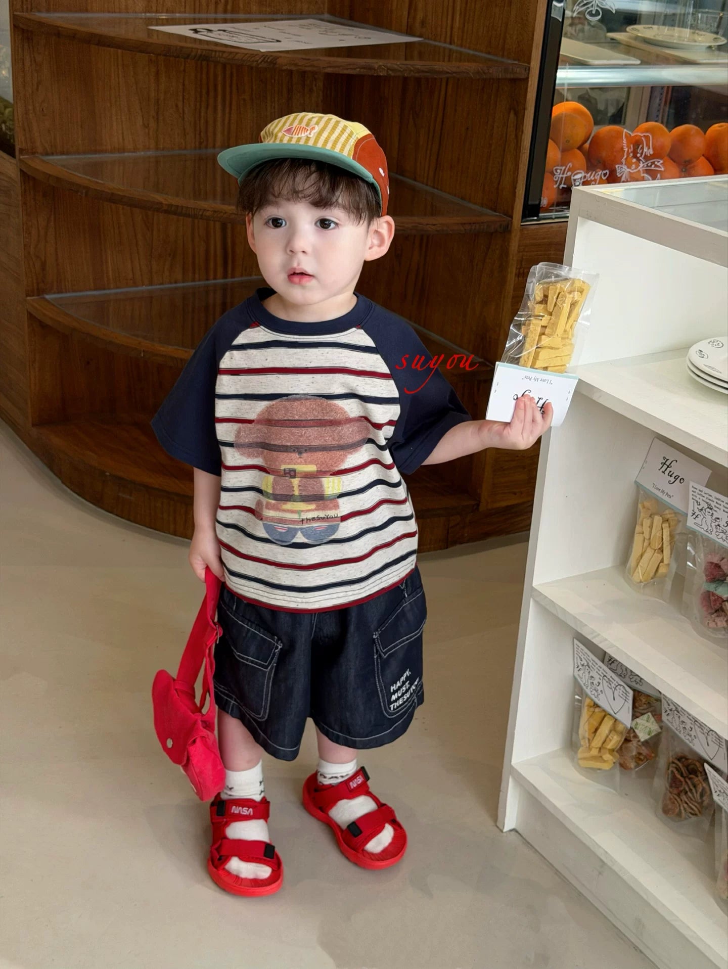 SuYou 2026 Summer Edition Korean version children's fresh striped short sleeved T-shirt, baby style loose and fashionable jeans