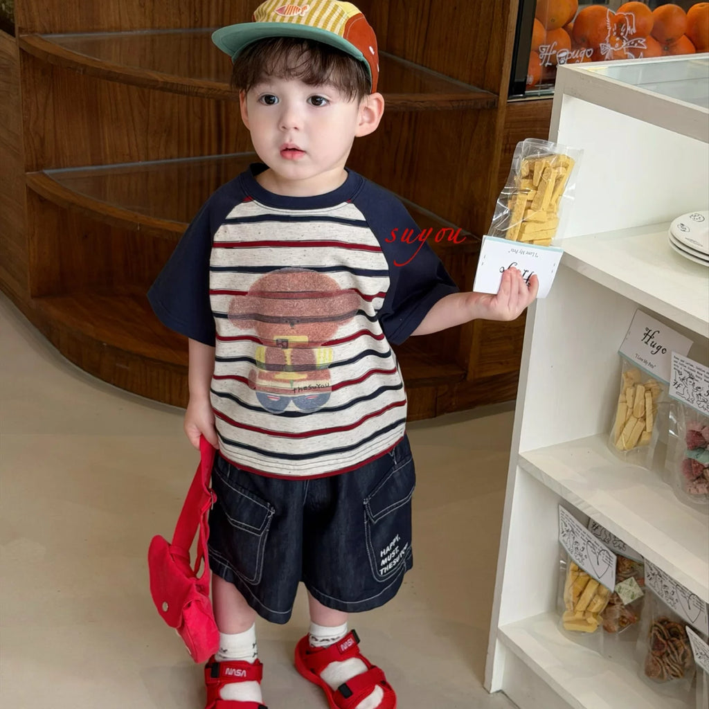 SuYou 2026 Summer Edition Korean version children's fresh striped short sleeved T-shirt, baby style loose and fashionable jeans