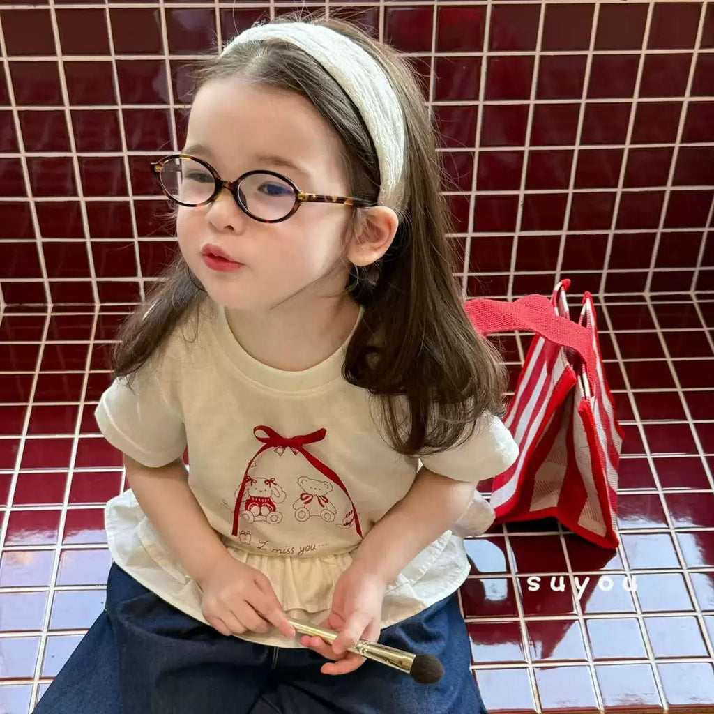 2025 summer new Korean version girls' and children's cartoon cute bow short sleeved T-shirt for women's treasure ruffled denim