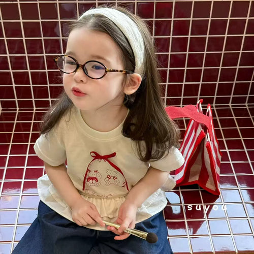 2025 summer new Korean version girls' and children's cartoon cute bow short sleeved T-shirt for women's treasure ruffled denim