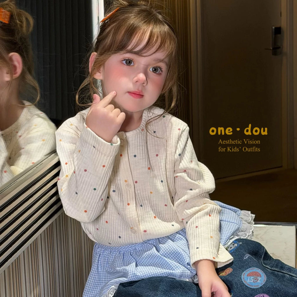 One Bean 2026 Autumn New Sweet and Cute Style Girls' Polka Dot Long Sleeve T-shirt White Round Neck Versatile Jeans