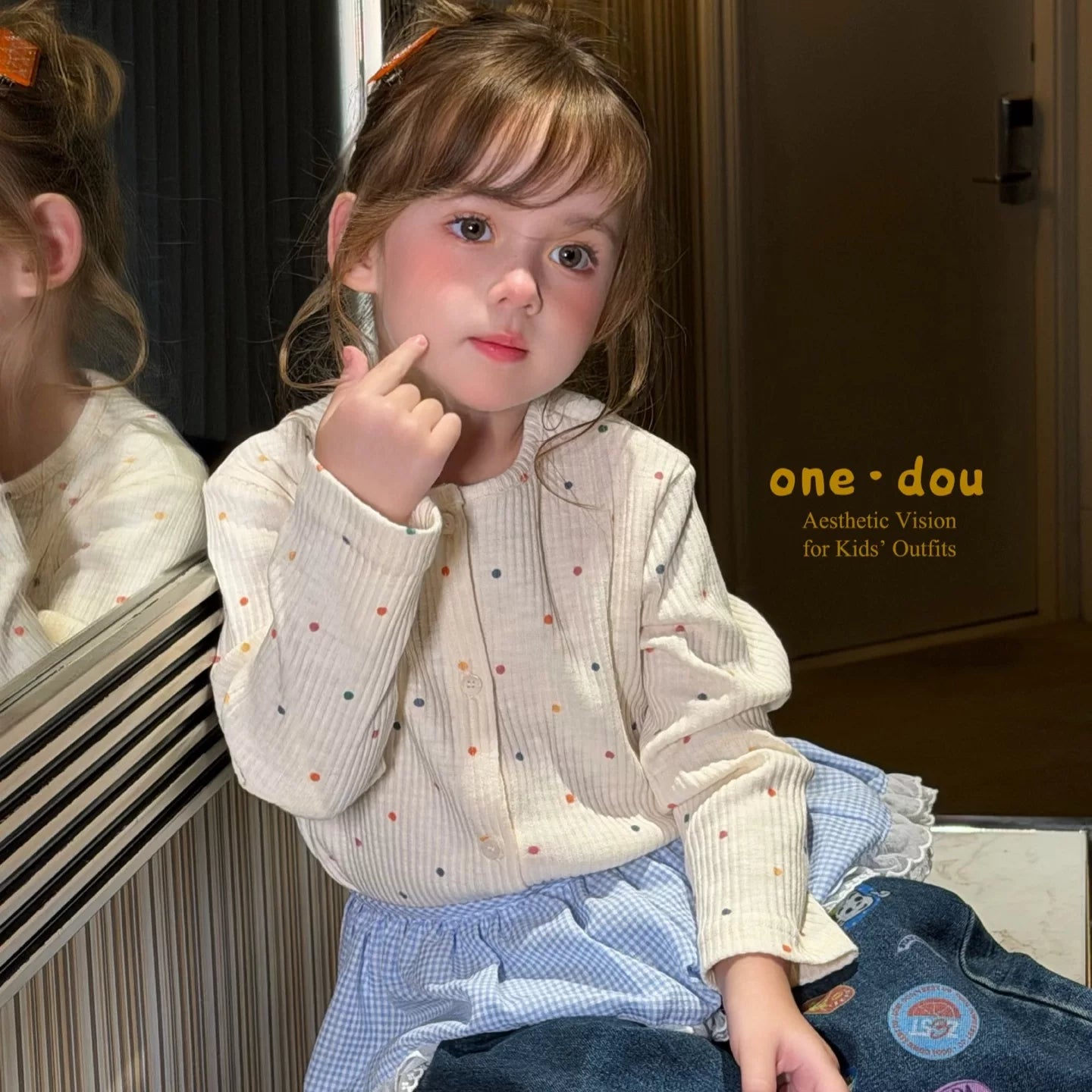 One Bean 2026 Autumn New Sweet and Cute Style Girls' Polka Dot Long Sleeve T-shirt White Round Neck Versatile Jeans