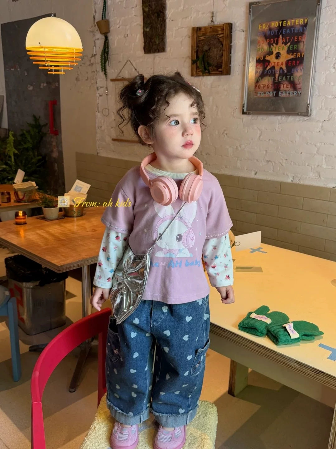 AH Children's Clothing 26 Autumn Edition Girls' and Children's Korean Version Love Cartoon Pocket Jeans Pink Rabbit Fake Two piece T-shirt
