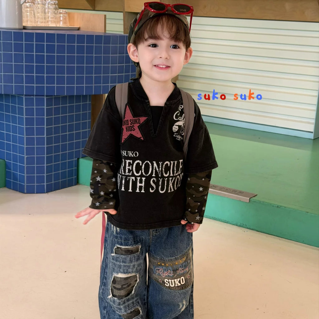 Suke 26 Autumn New Boys' American Retro Style Fake Two piece Camouflage Splicing Long Sleeve T-shirt Children's Piercing Jeans