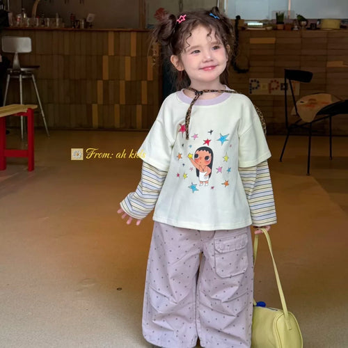 AH Children's Clothing 26 Autumn Edition Girls' and Children's Jade Star Cartoon Printed Fake Two piece Long sleeved T-shirt Korean Edition Casual Pants