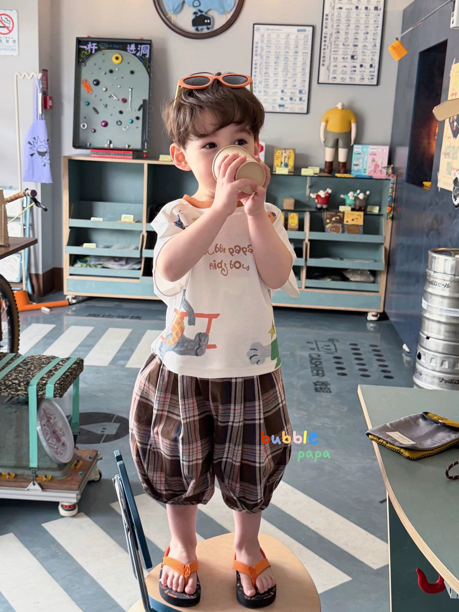 2026 Summer New Boys' and Children's Cartoon Animal Printed Round Neck Splicing Short Sleeve T-shirt Korean Plaid Midpants