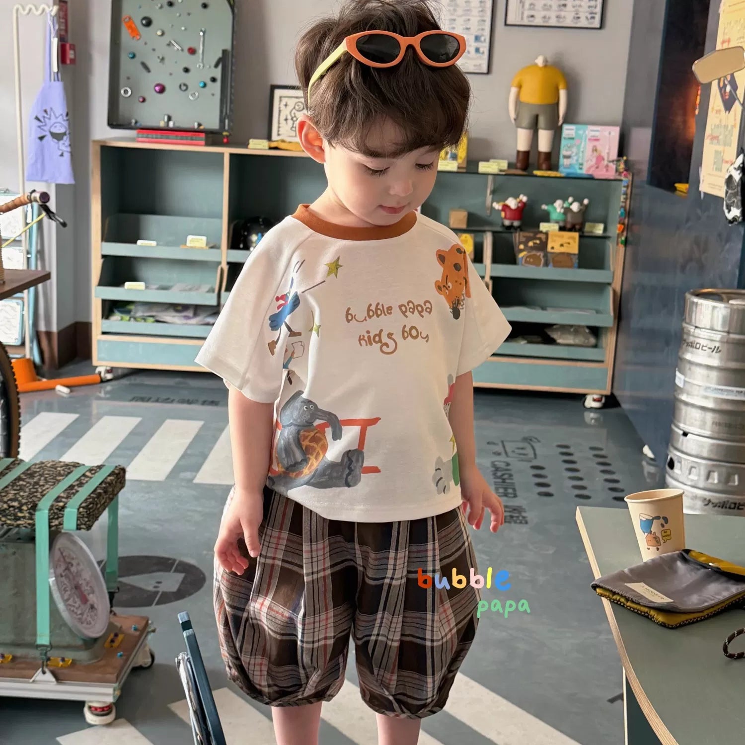 2026 Summer New Boys' and Children's Cartoon Animal Printed Round Neck Splicing Short Sleeve T-shirt Korean Plaid Midpants