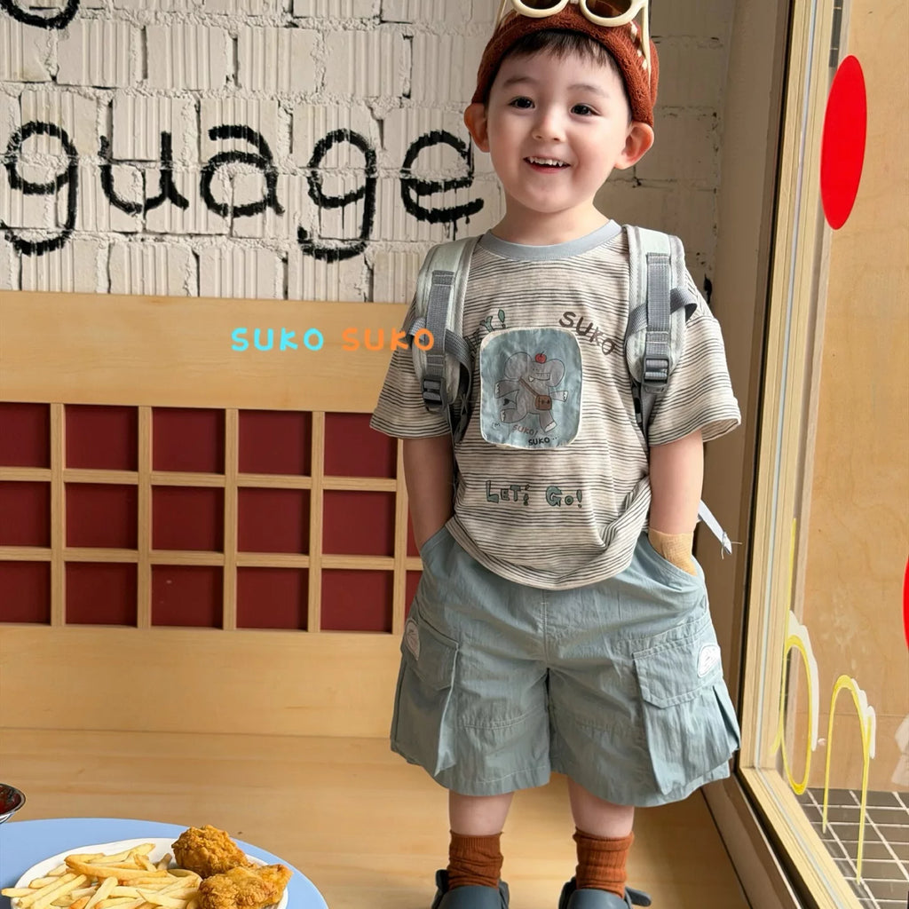 2026 summer new children's clothing for boys and girls, cartoon elephant, loose short sleeved T-shirt, Korean version workwear, casual shorts