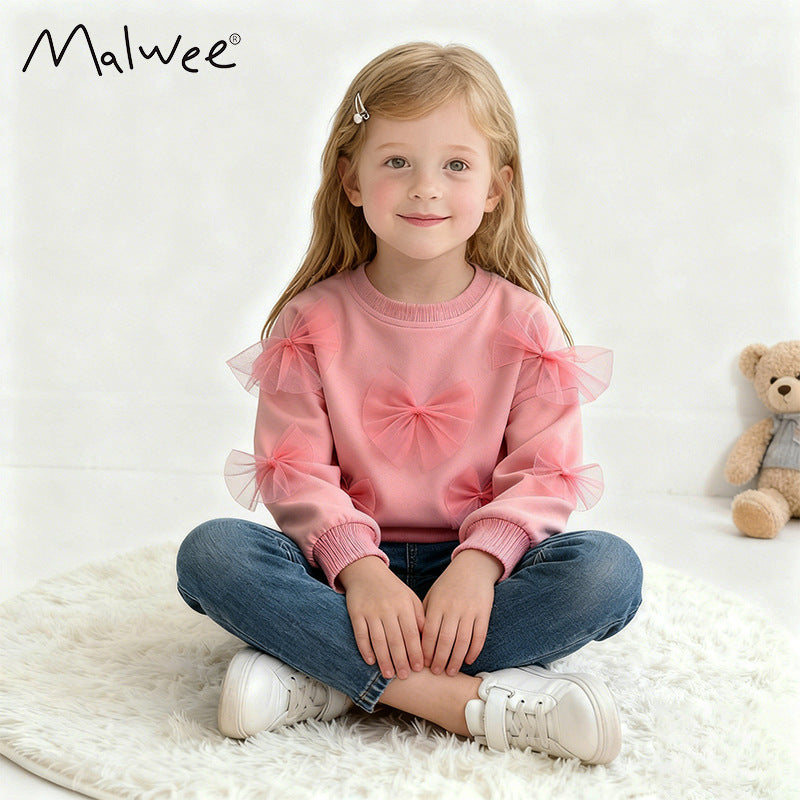 Cross border Malwee girls' hoodie autumn and winter new item European and American children's round neck T-shirt long sleeved base sweater pullover