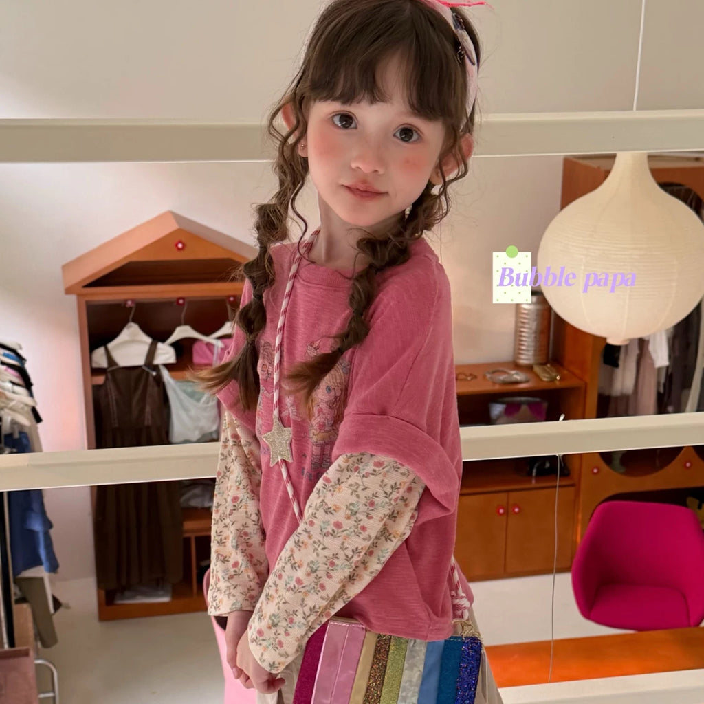 papa2026秋季可爱女小童卡通印花碎花拼接长袖T恤韩版屁帘休闲裤