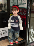 Su You 2026 Autumn Edition Korean Edition American Retro Color Contrasting Letter Fake Two piece Long Sleeve T-shirt for Boys, Pierced Jeans