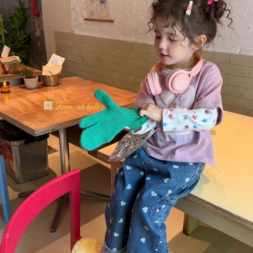 AH Children's Clothing 26 Autumn Edition Girls' and Children's Korean Version Love Cartoon Pocket Jeans Pink Rabbit Fake Two piece T-shirt