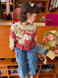 2026 Autumn Girl Cartoon Cat Printed Color blocked Sleeve Cute Long sleeved T-shirt Korean Edition workwear Straight leg jeans