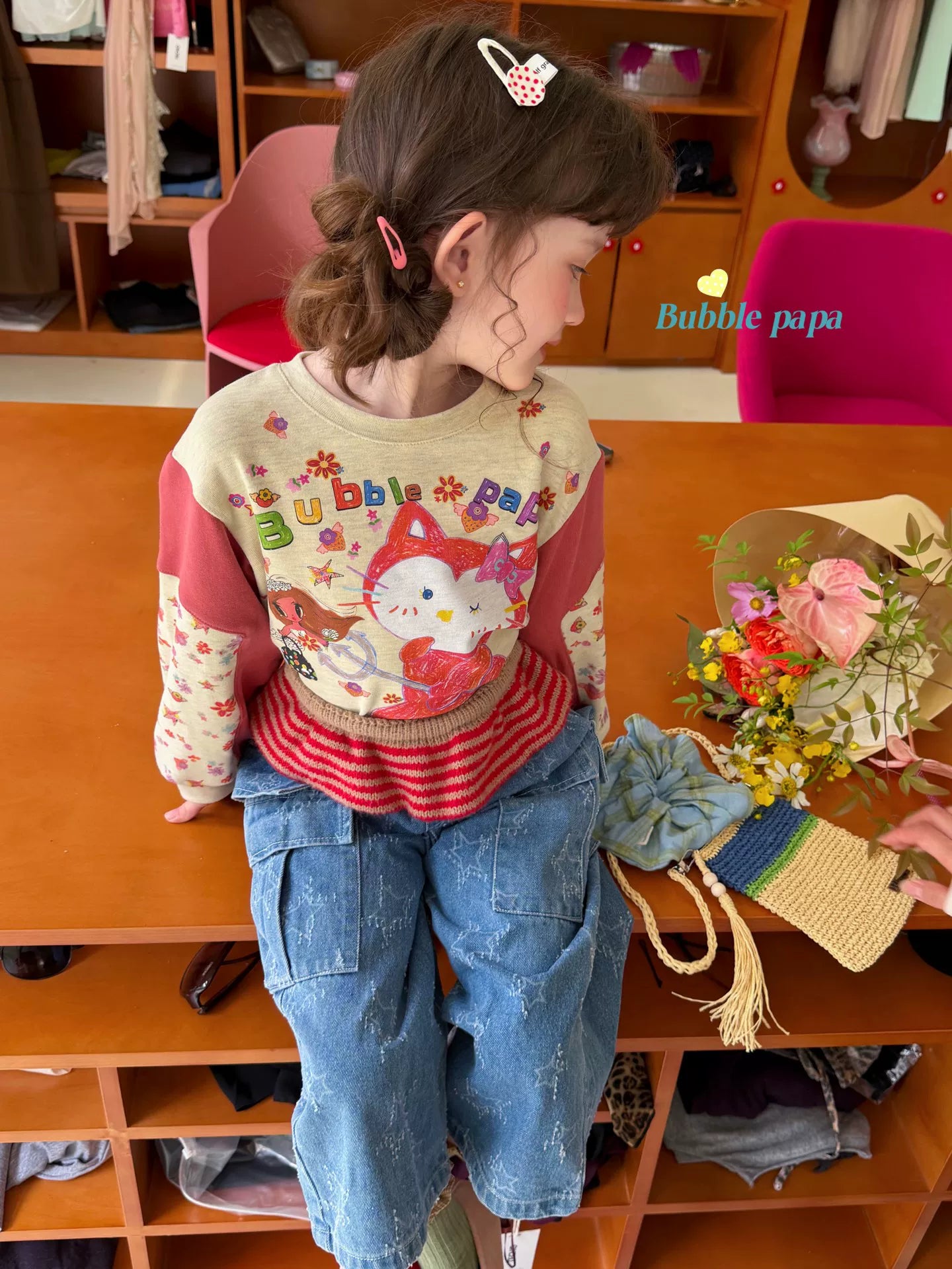 2026 Autumn Girl Cartoon Cat Printed Color blocked Sleeve Cute Long sleeved T-shirt Korean Edition workwear Straight leg jeans