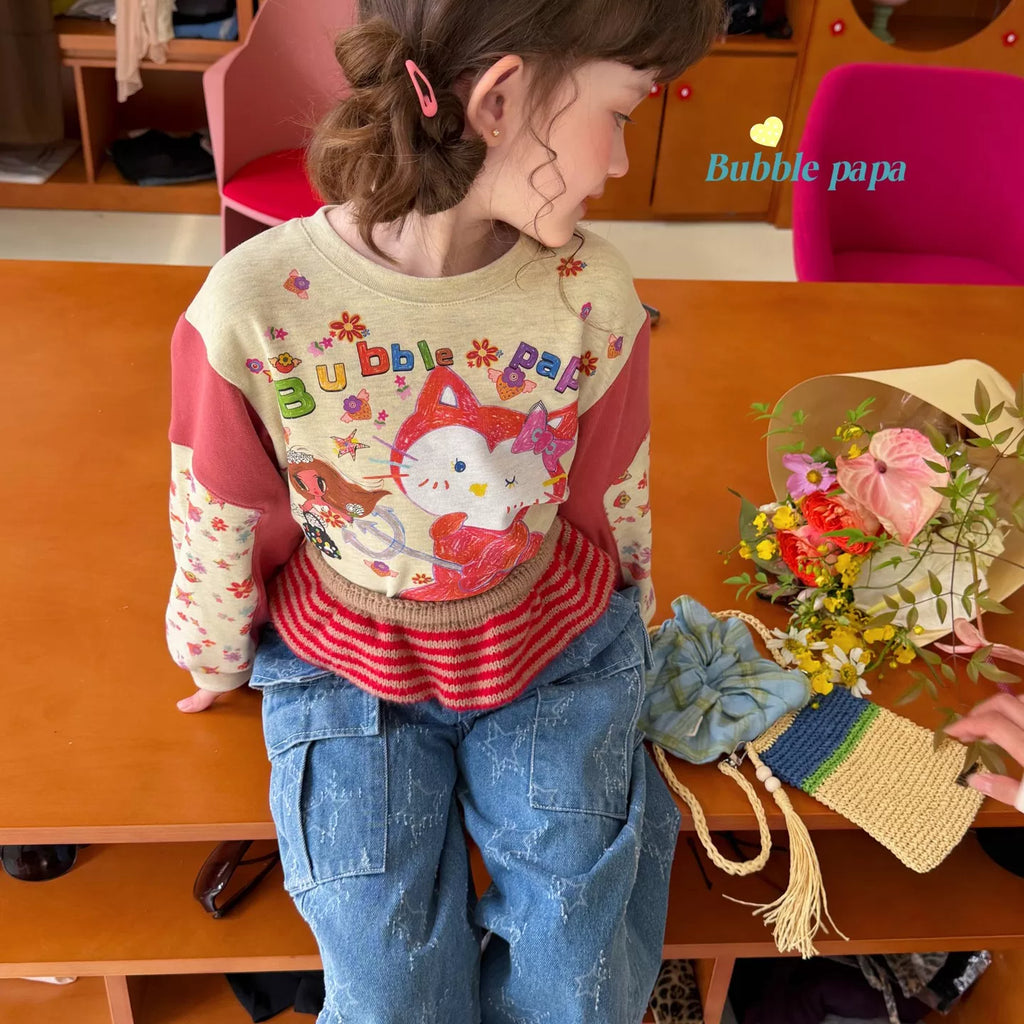 2026 Autumn Girl Cartoon Cat Printed Color blocked Sleeve Cute Long sleeved T-shirt Korean Edition workwear Straight leg jeans