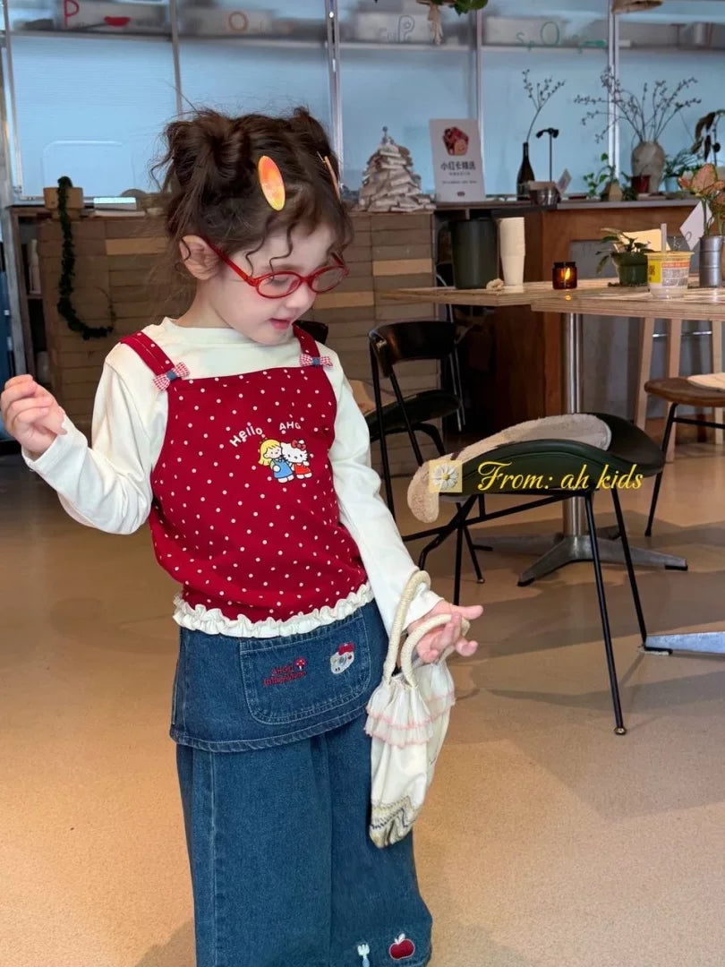 AH children's clothing 2026 autumn new item girls and children Korean version fart curtain KT cat embroidery jeans polka dot fake two piece T-shirt