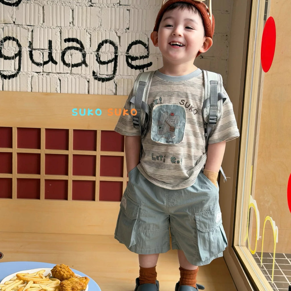 2026 summer new children's clothing for boys and girls, cartoon elephant, loose short sleeved T-shirt, Korean version workwear, casual shorts
