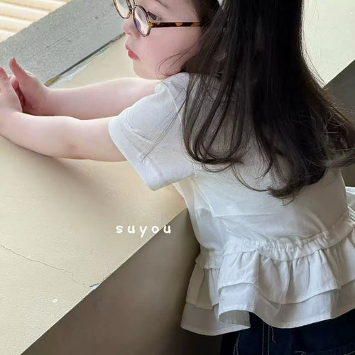 2025 summer new Korean version girls' and children's cartoon cute bow short sleeved T-shirt for women's treasure ruffled denim
