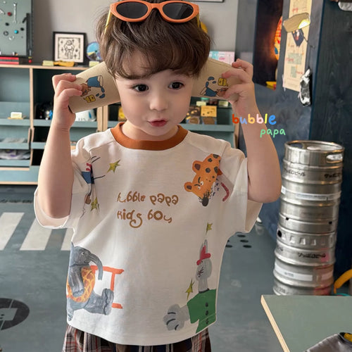 2026 Summer New Boys' and Children's Cartoon Animal Printed Round Neck Splicing Short Sleeve T-shirt Korean Plaid Midpants