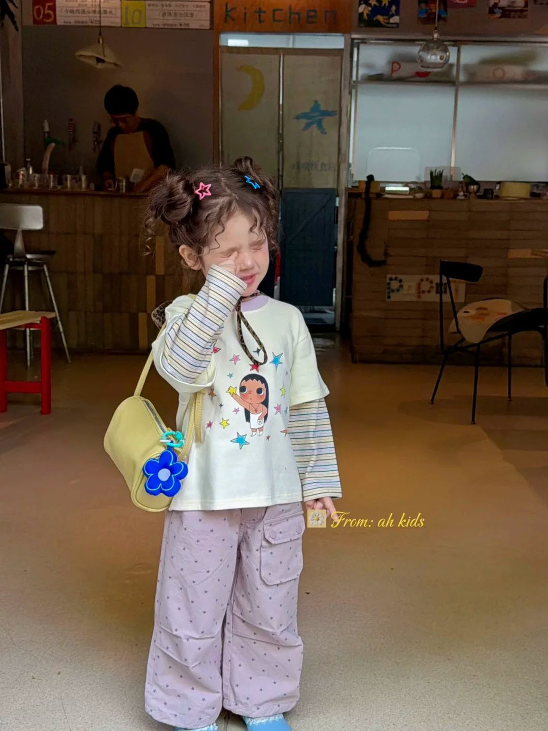 AH Children's Clothing 26 Autumn Edition Girls' and Children's Jade Star Cartoon Printed Fake Two piece Long sleeved T-shirt Korean Edition Casual Pants
