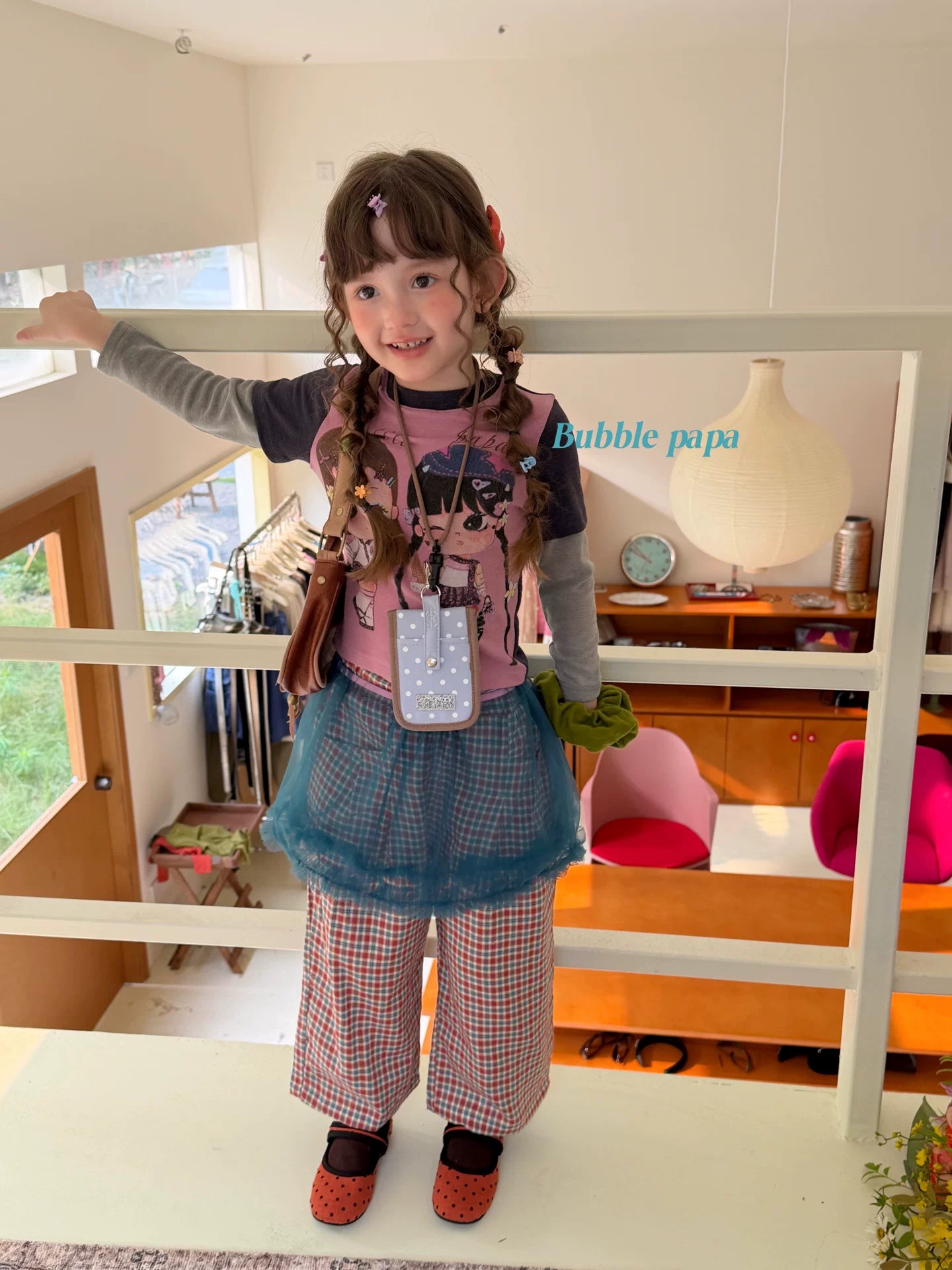 2026 Autumn New Cartoon Printed Splicing Fake Two piece Long sleeved T-shirt for Girls and Children Korean Checkered Casual Pants