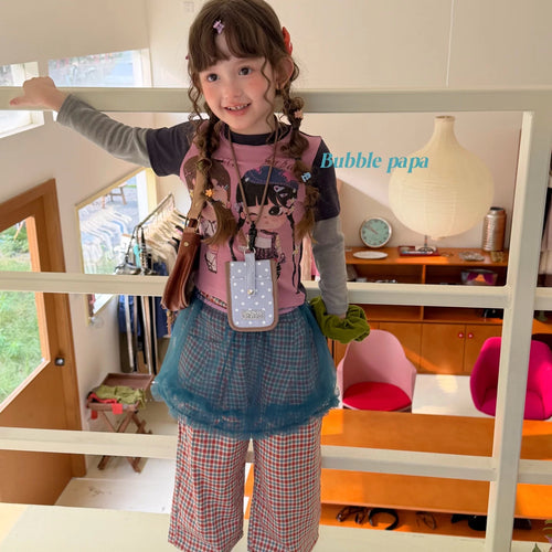 2026 Autumn New Cartoon Printed Splicing Fake Two piece Long sleeved T-shirt for Girls and Children Korean Checkered Casual Pants