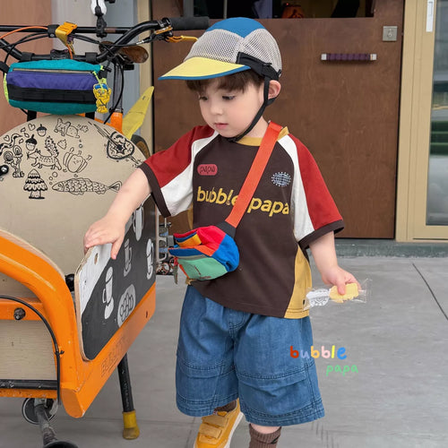 2026 summer new children's clothing Korean version boys' and children's color blocked loose round neck short sleeved T-shirt, stylish denim shorts