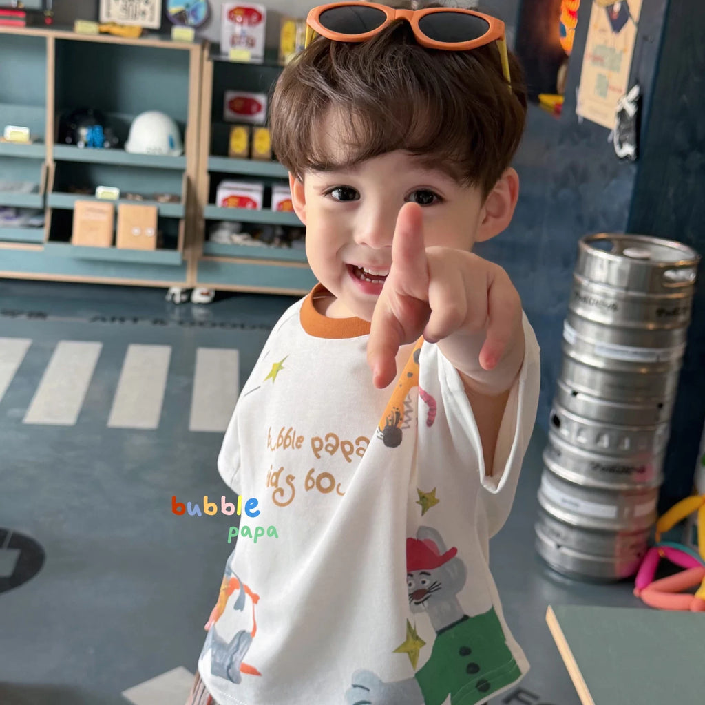 2026 Summer New Boys' and Children's Cartoon Animal Printed Round Neck Splicing Short Sleeve T-shirt Korean Plaid Midpants