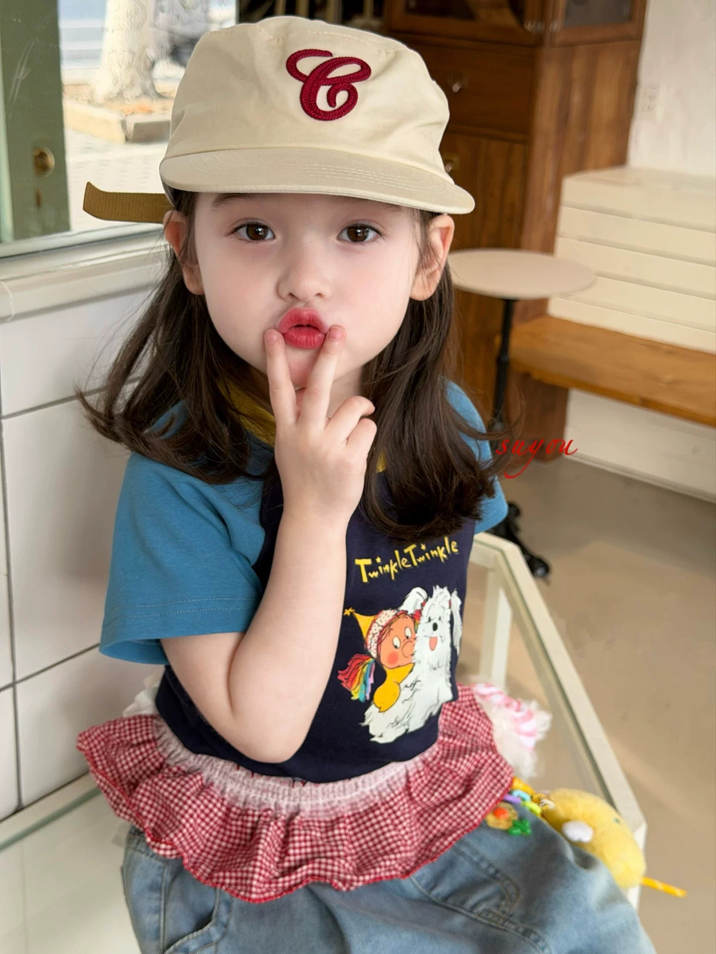 Suyou 2026 Summer Style Girls' Dog Cartoon Color blocked Western Style Short sleeved T-shirt Korean Version Baby Cowboy Pants Trendy