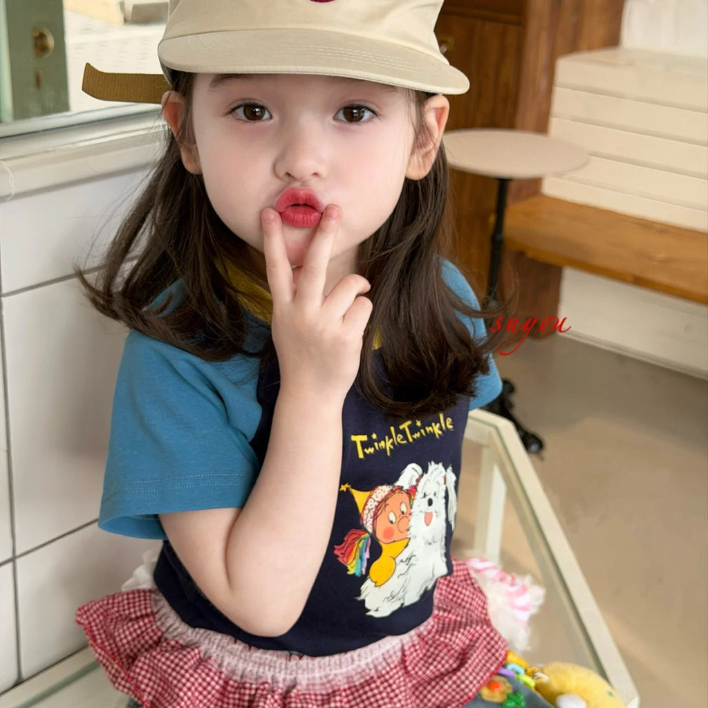 Suyou 2026 Summer Style Girls' Dog Cartoon Color blocked Western Style Short sleeved T-shirt Korean Version Baby Cowboy Pants Trendy