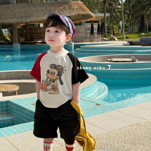 2026 Summer New Boys' and Children's Korean Edition Versatile Cotton Casual Shorts Loose Puppy Color blocked Short Sleeve T-shirt