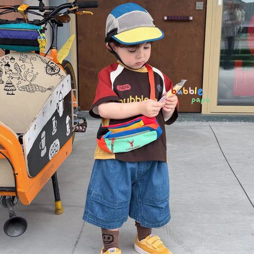 2026 summer new children's clothing Korean version boys' and children's color blocked loose round neck short sleeved T-shirt, stylish denim shorts