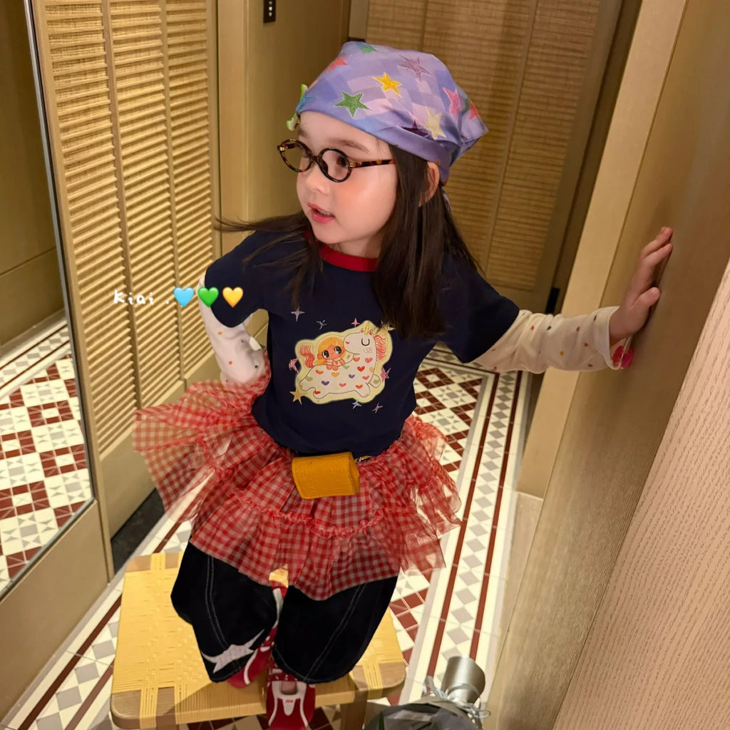 Kiai2026 autumn new children's clothing for girls and children, Korean version, mesh fabric, fart curtain jeans, pony fake two piece T-shirt