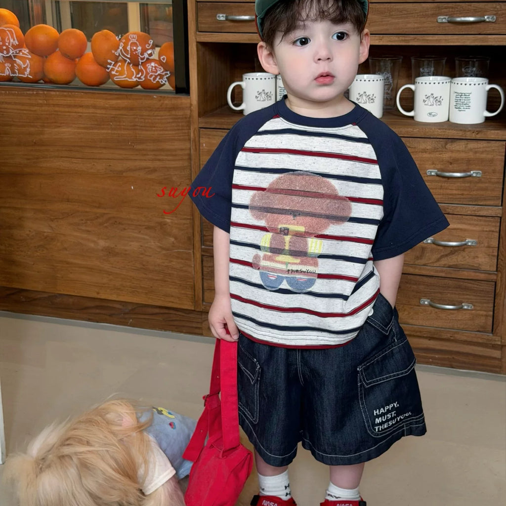 SuYou 2026 Summer Edition Korean version children's fresh striped short sleeved T-shirt, baby style loose and fashionable jeans