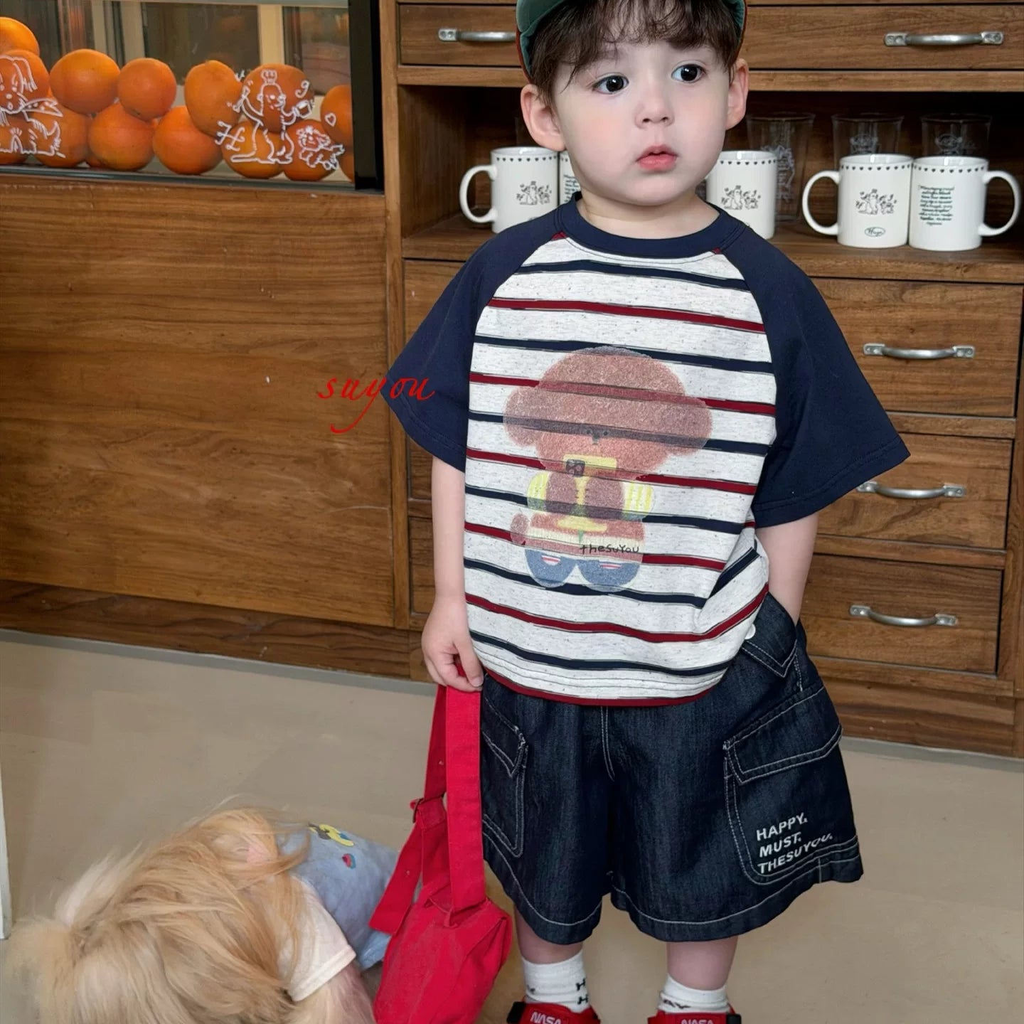 SuYou 2026 Summer Edition Korean version children's fresh striped short sleeved T-shirt, baby style loose and fashionable jeans