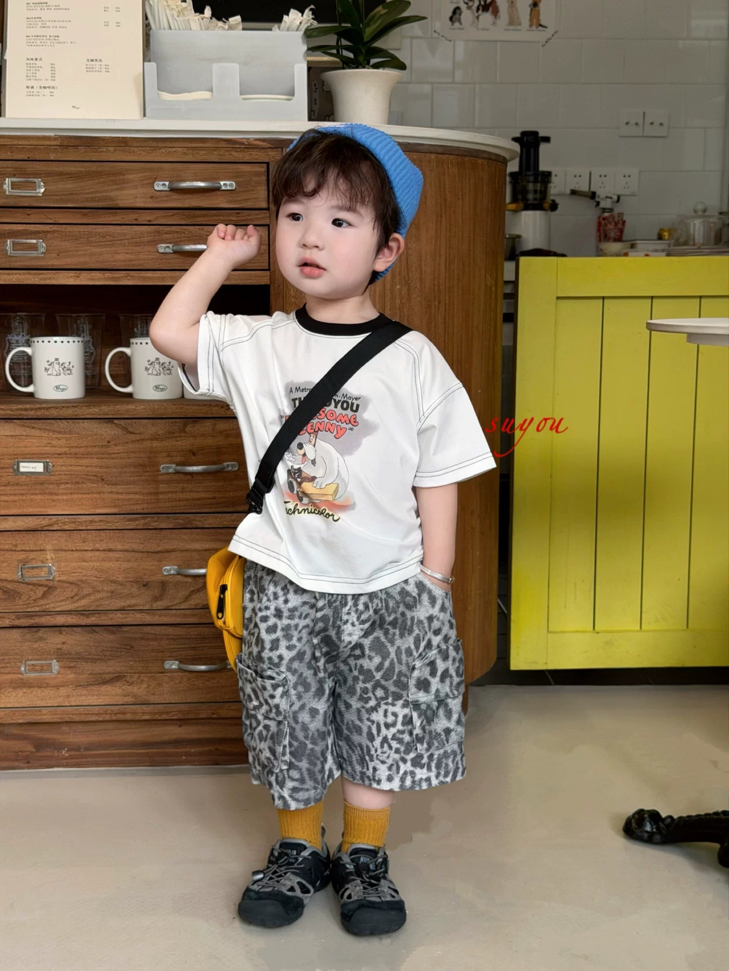 2026夏季新款男童小童卡通小狗圆领短袖T恤韩版豹纹直筒五分裤潮