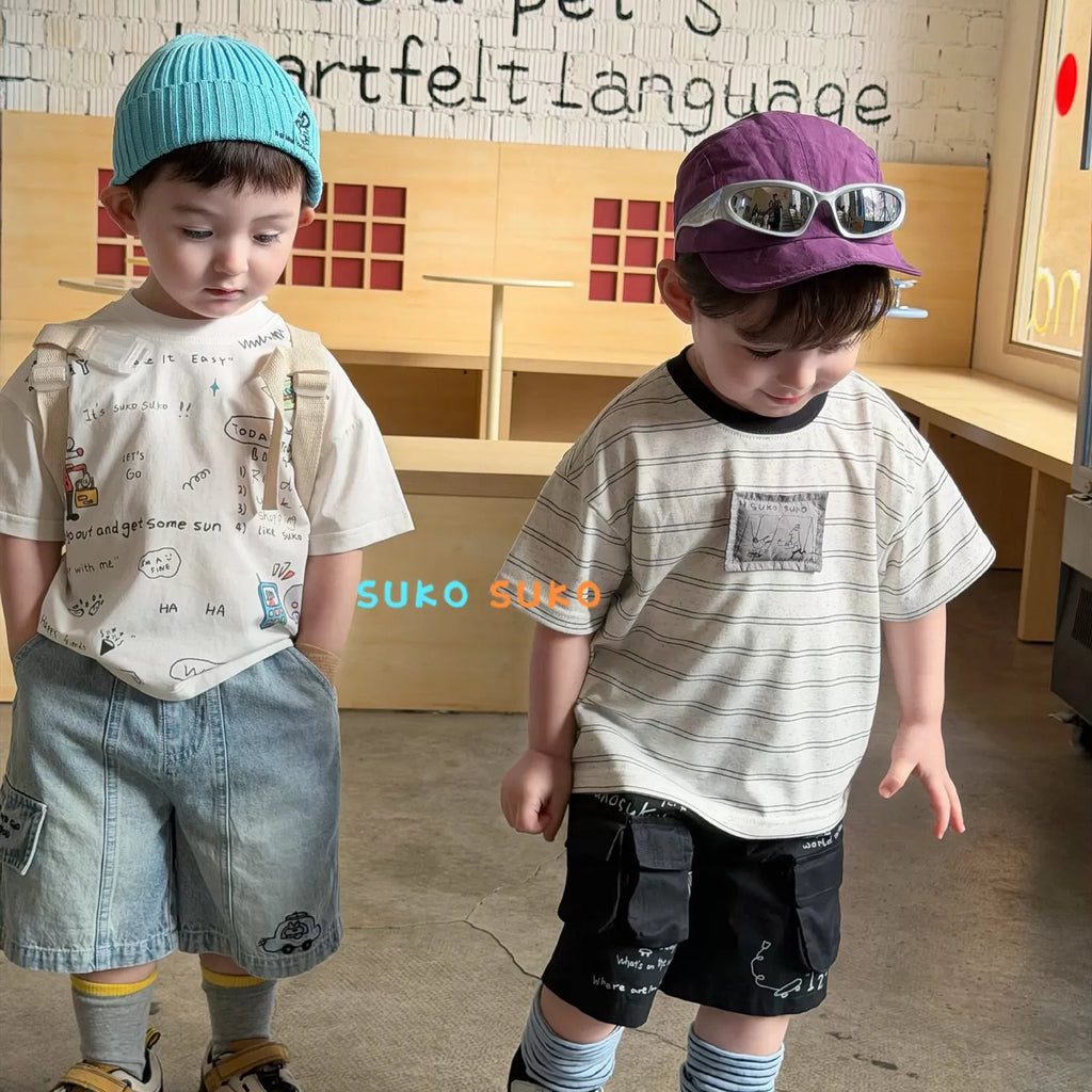 2026 summer new Korean version boys and children loose chest cartoon patch cloth round neck short sleeved T-shirt baby shorts