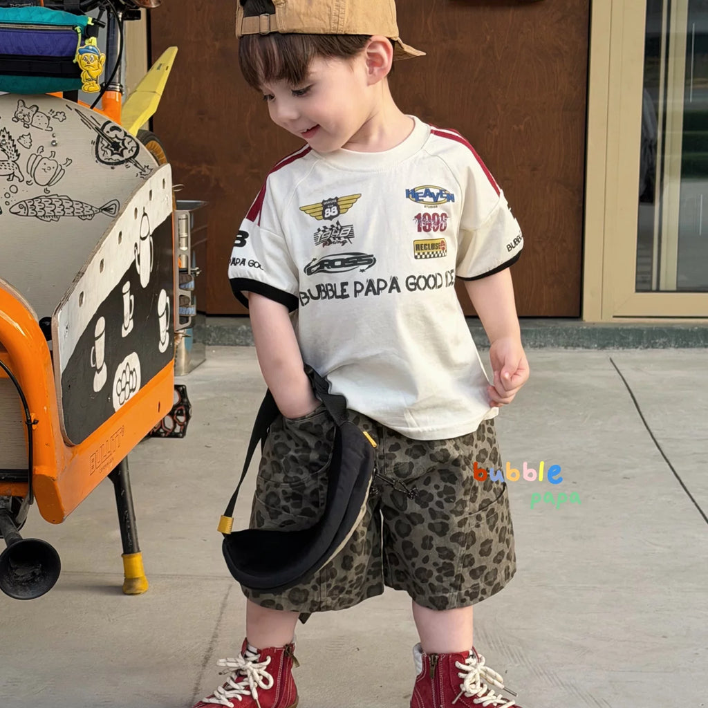 2026 Summer New Boys' and Children's Motorcycle Letter Printed Straight Short sleeved T-shirt Korean Edition Leopard Pattern Casual Shorts