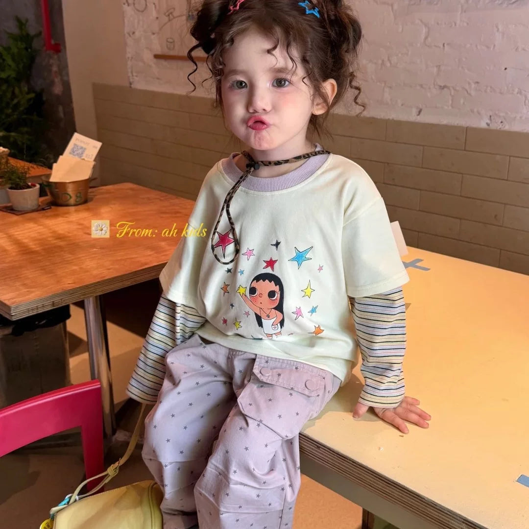 AH Children's Clothing 26 Autumn Edition Girls' and Children's Jade Star Cartoon Printed Fake Two piece Long sleeved T-shirt Korean Edition Casual Pants