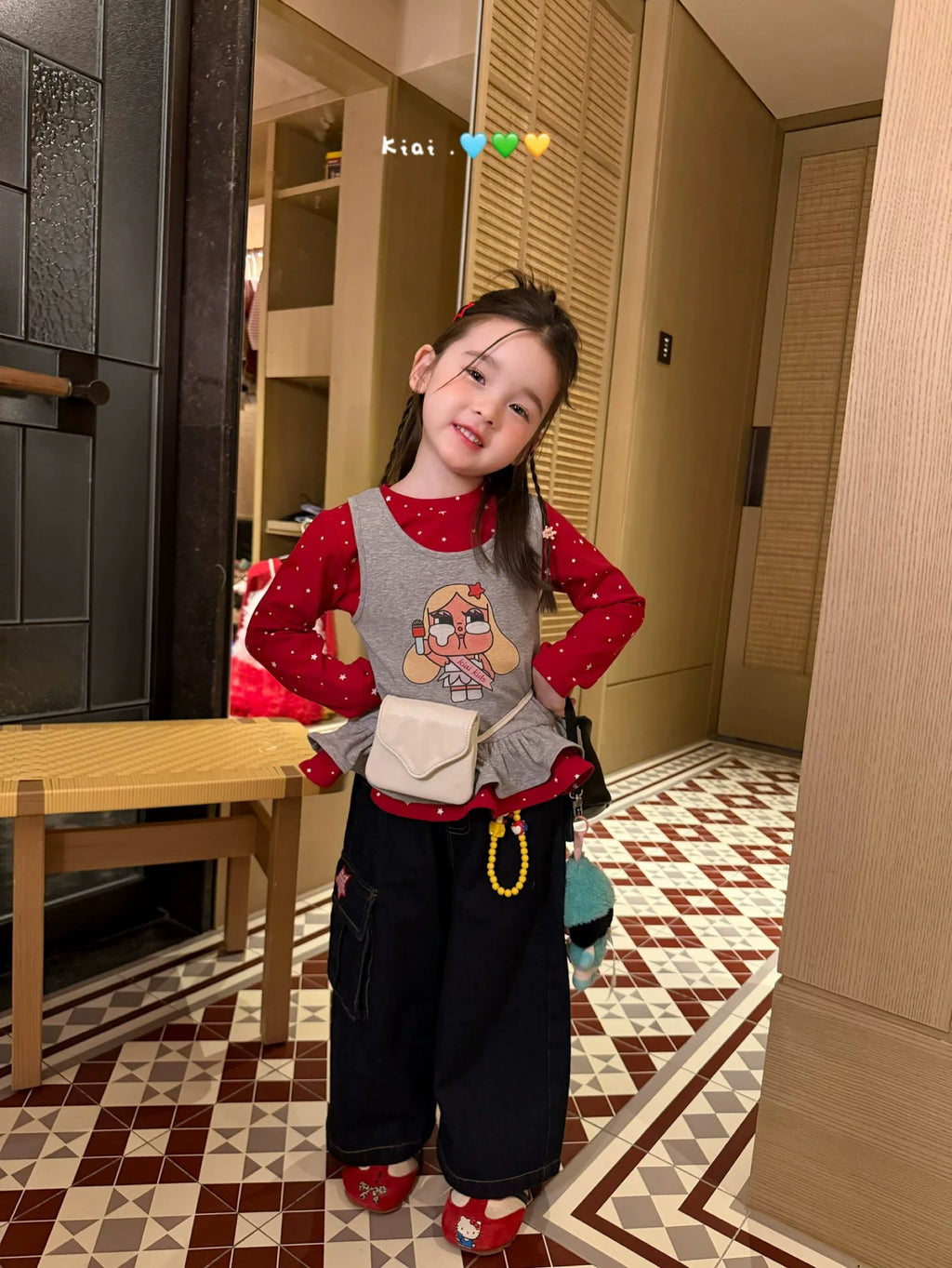 Kiai Children's Wear 26 Autumn Girl Crying Baby Cartoon Printed Polka Dot Long Sleeve T-shirt Two Piece Set Korean Pendant Jeans