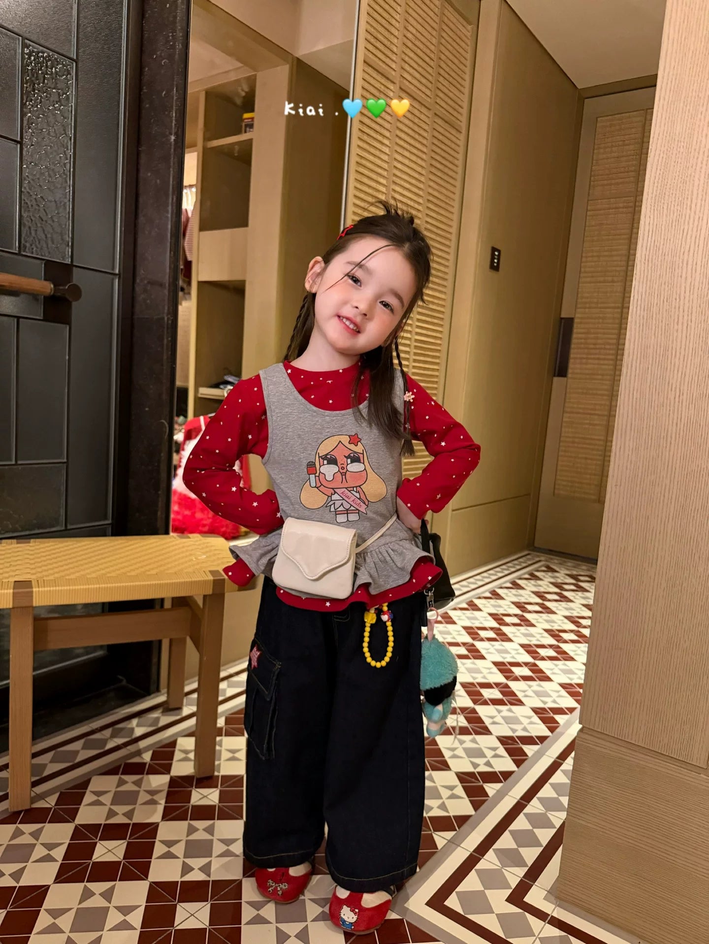 Kiai Children's Wear 26 Autumn Girl Crying Baby Cartoon Printed Polka Dot Long Sleeve T-shirt Two Piece Set Korean Pendant Jeans