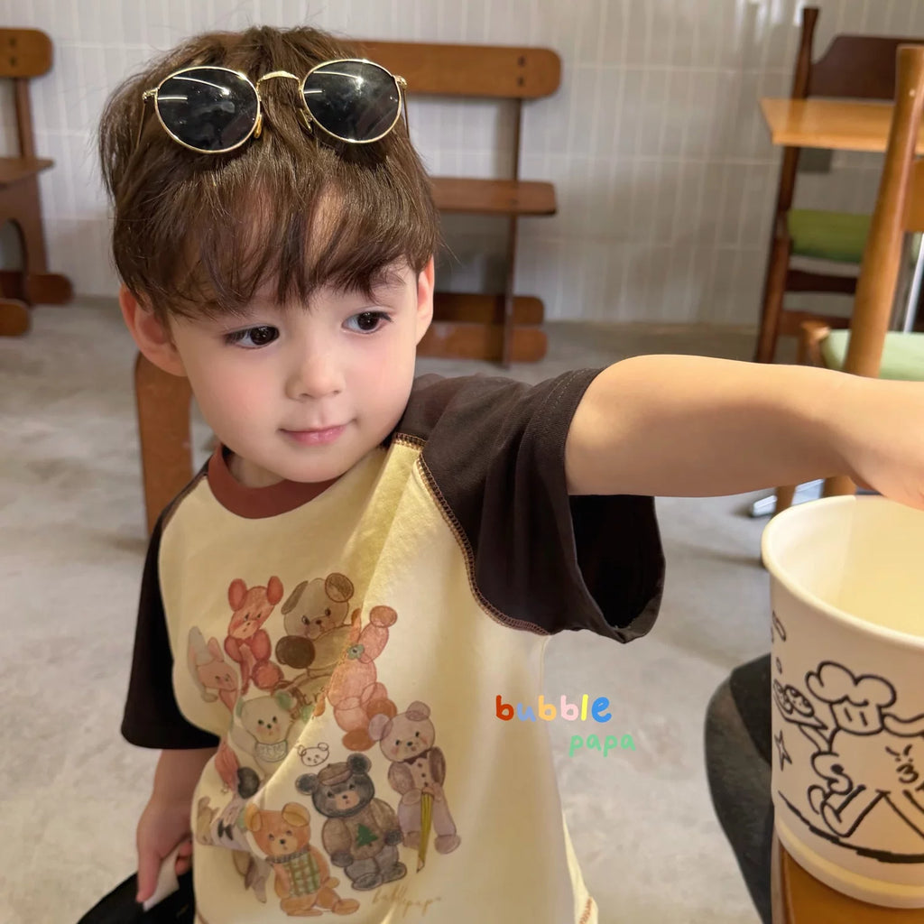 2026 summer new boys' and children's Korean version cartoon teddy bear color blocked short sleeved T-shirt, stylish loose lantern shorts