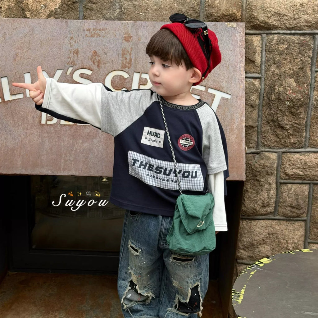 Su You 2026 Autumn Edition Korean Edition American Retro Color Contrasting Letter Fake Two piece Long Sleeve T-shirt for Boys, Pierced Jeans