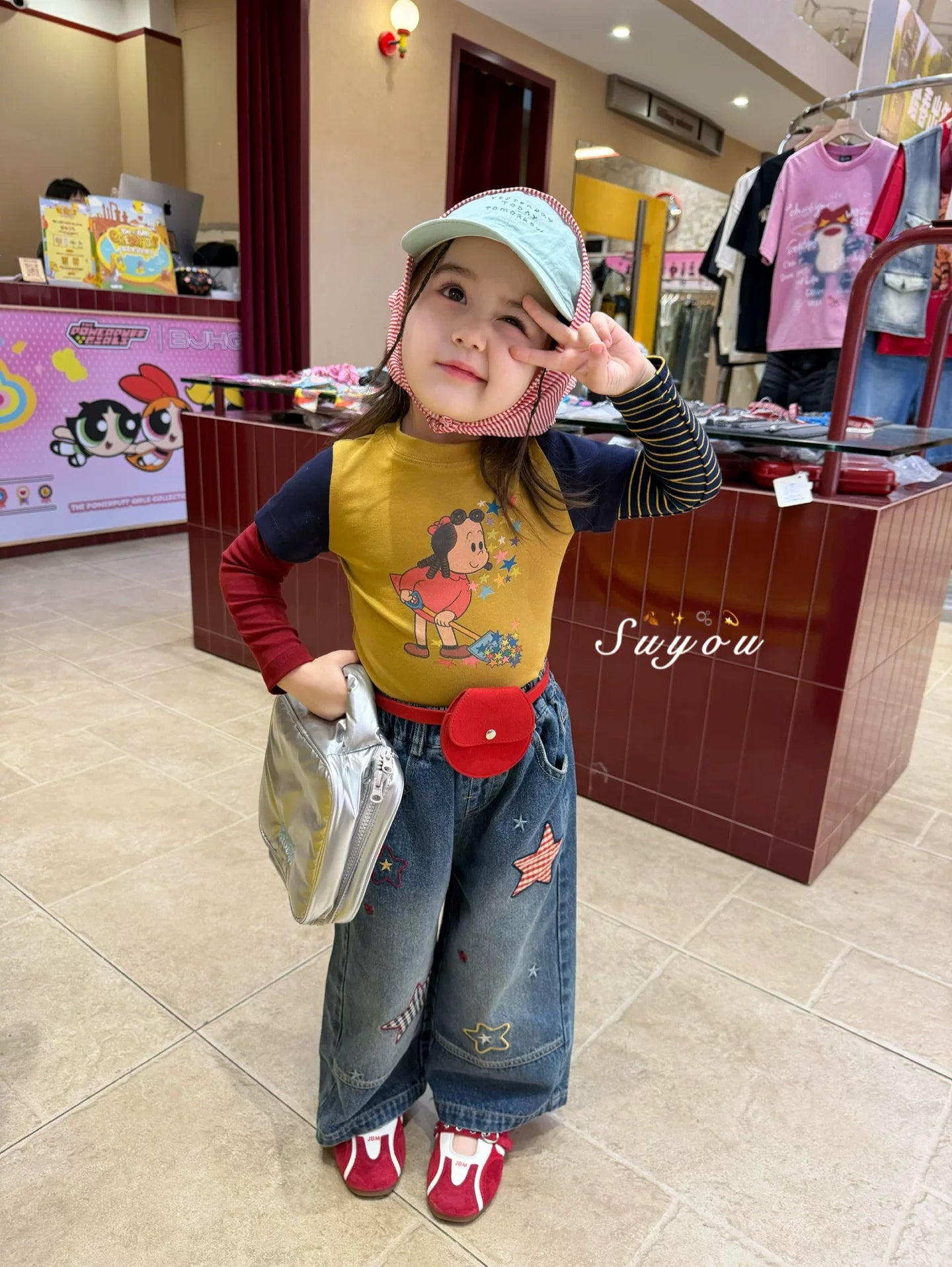 苏右童装26秋季新款女童小童韩版五角星洋气牛仔裤卡通假两件T恤