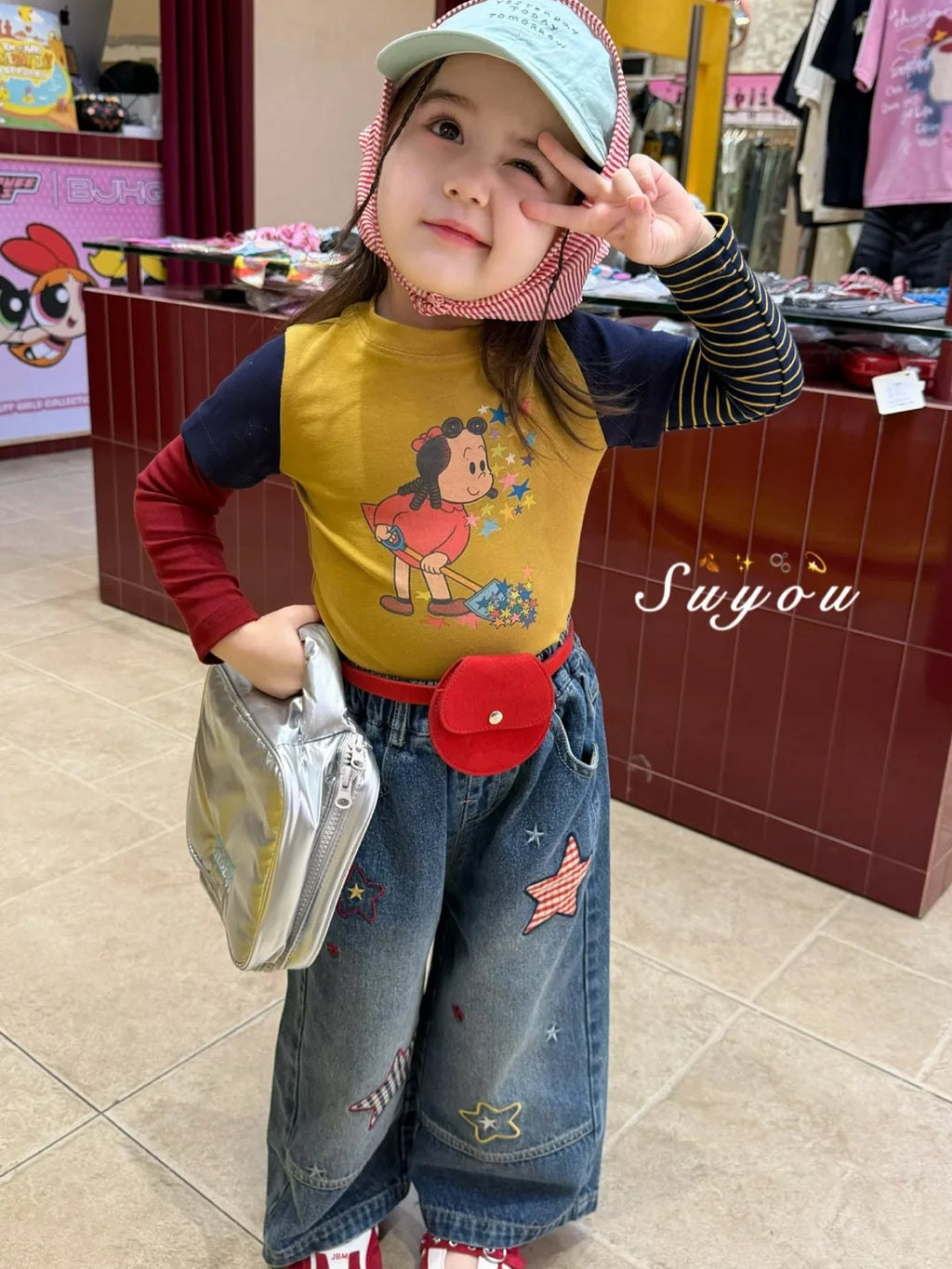 苏右童装26秋季新款女童小童韩版五角星洋气牛仔裤卡通假两件T恤