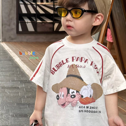 2026 summer new children's clothing half sleeved Korean style children's cartoon printed short sleeved T-shirt color blocked casual shorts
