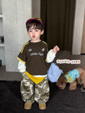 26 Autumn Style Boys' and Boys' American Retro Color Contrast Letter Printed Short sleeved T-shirt Korean Edition Work Clothes Camo Pants