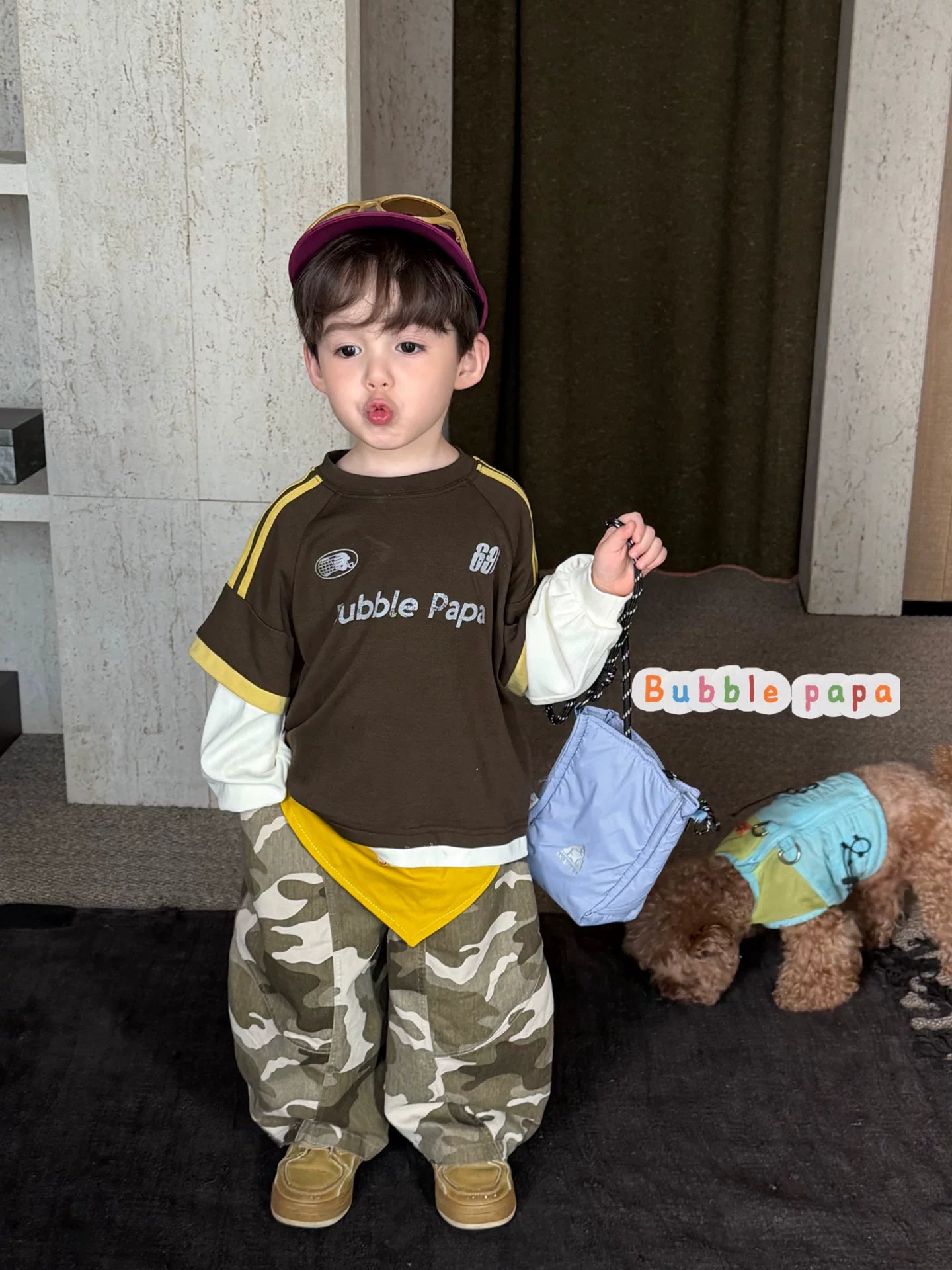 26 Autumn Style Boys' and Boys' American Retro Color Contrast Letter Printed Short sleeved T-shirt Korean Edition Work Clothes Camo Pants
