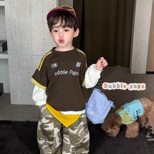 26 Autumn Style Boys' and Boys' American Retro Color Contrast Letter Printed Short sleeved T-shirt Korean Edition Work Clothes Camo Pants